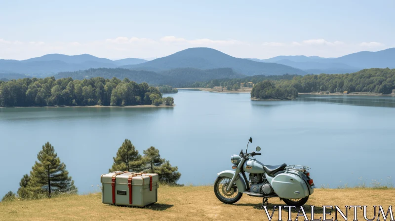 Tranquil Motorcycle with Blue Canvas Bag in Serene Landscapes AI Image