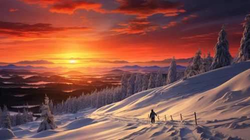 Winter Sunset in Snowy Mountains with Skier
