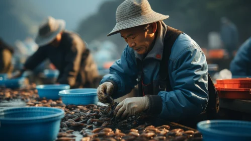 Asian Man Sorting Freshly Caught Shellfish by the Sea