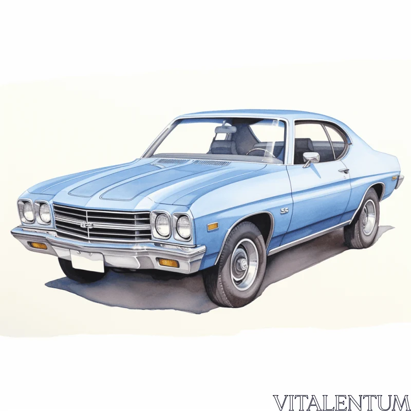 Blue Muscle Car Illustration | Realistic Watercolor | Iconic American Design AI Image