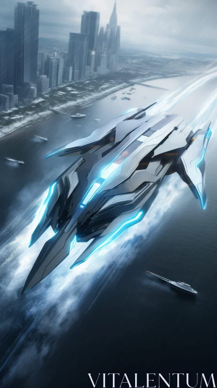 AI ART Futuristic Spaceship Flying Over City - Digital Art