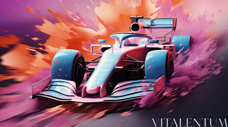 Pink and Blue Formula 1 Car in Motion AI Image