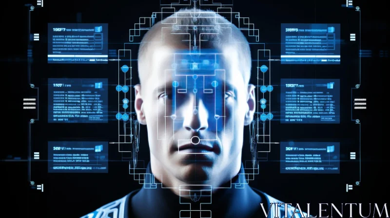 Serious Man Portrait with Blue Circuit Board Pattern AI Image