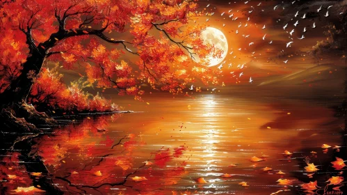 Tranquil Autumn Landscape with Moonlight Reflection
