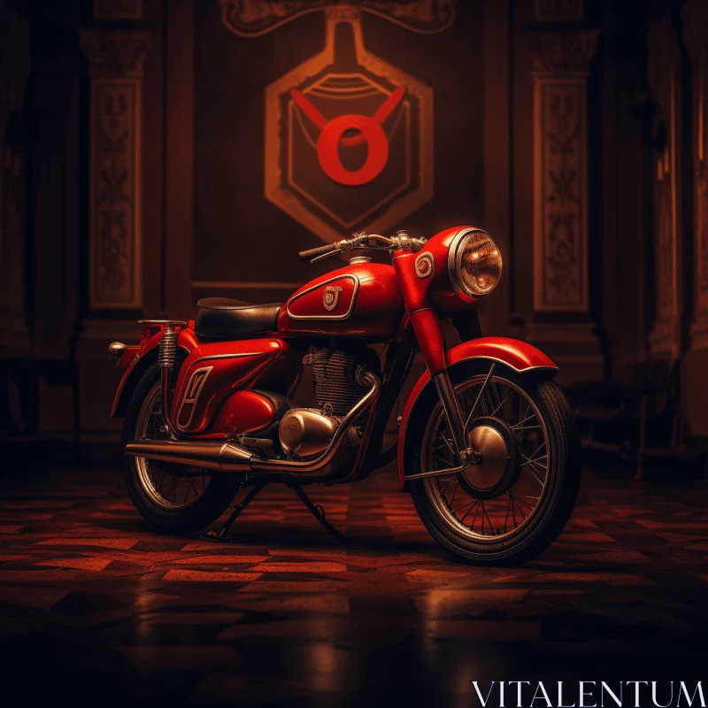 Captivating Red Motorcycle in a Dark Room | Vintage Illustrations AI Image