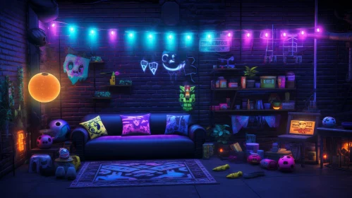 Cozy Gaming Room with Neon Lights and Entertainment Setup