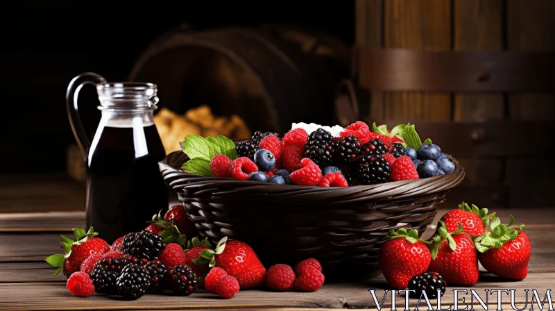 Lively Still Life: Basket of Berries and Bottle in Dark Magenta and Light Black AI Image