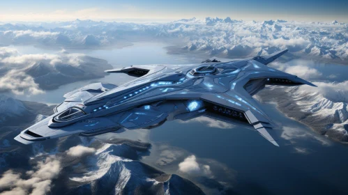 Silver Spaceship Flying Over Snowy Mountains
