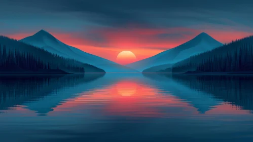 Tranquil Sunset Scene: Lake and Mountains
