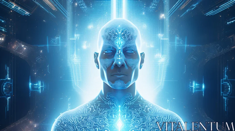 AI ART Blue Circuitry Humanoid in Meditation