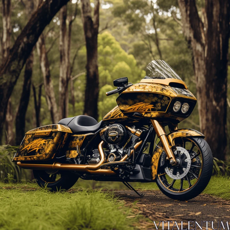 Golden Motorcycle in Forest - Native Australian Motifs AI Image