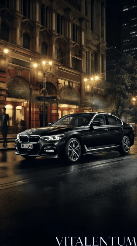 Luxury Black BMW Sedan on Dimly Lit City Street AI Image