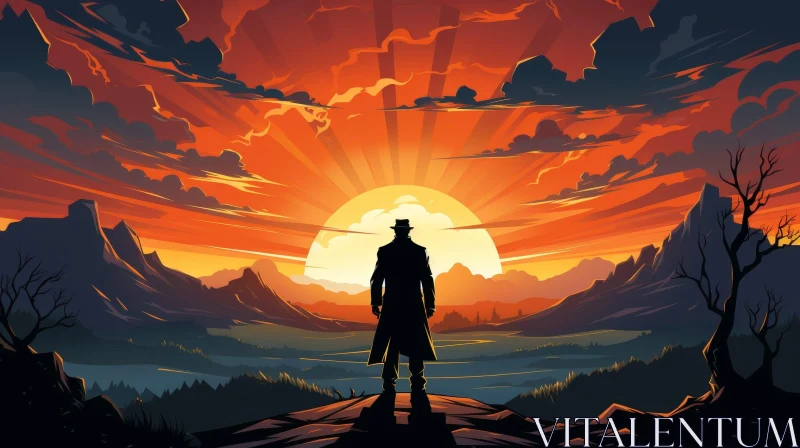 Serene Sunset Scene - Digital Painting of Man on Hilltop AI Image