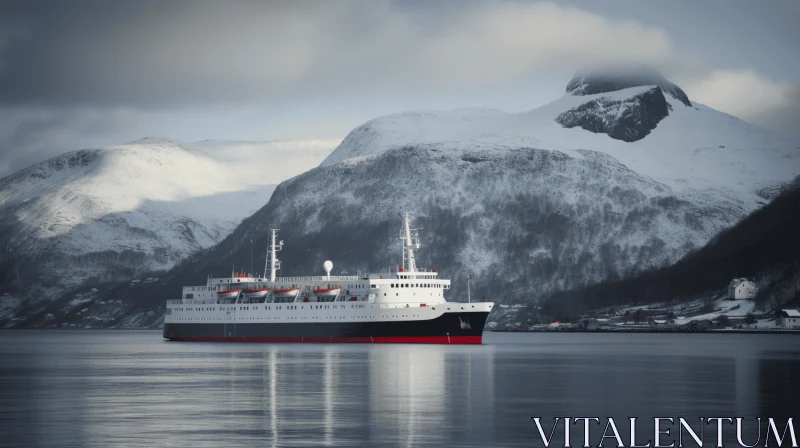 Ethereal Norwegian Nautical Scene: Silver and Red Ship amidst Snowy Mountains AI Image