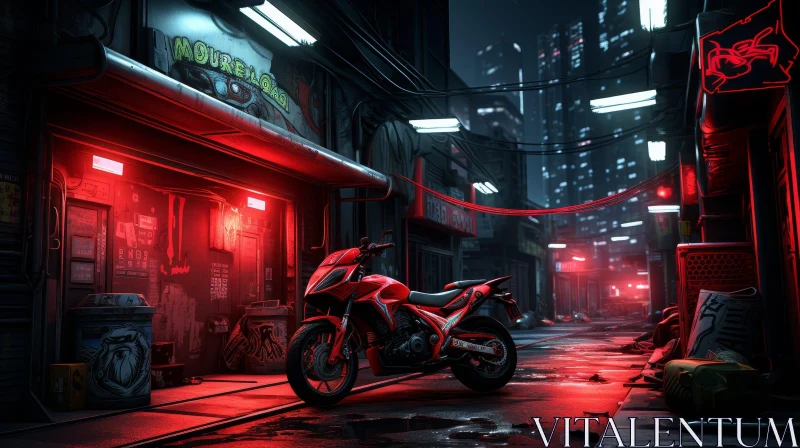 AI ART Sleek Red Motorcycle in Dark Alley