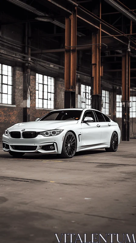 White BMW Sedan in a Large Parking Lot | Industrial Precisionist Influence AI Image