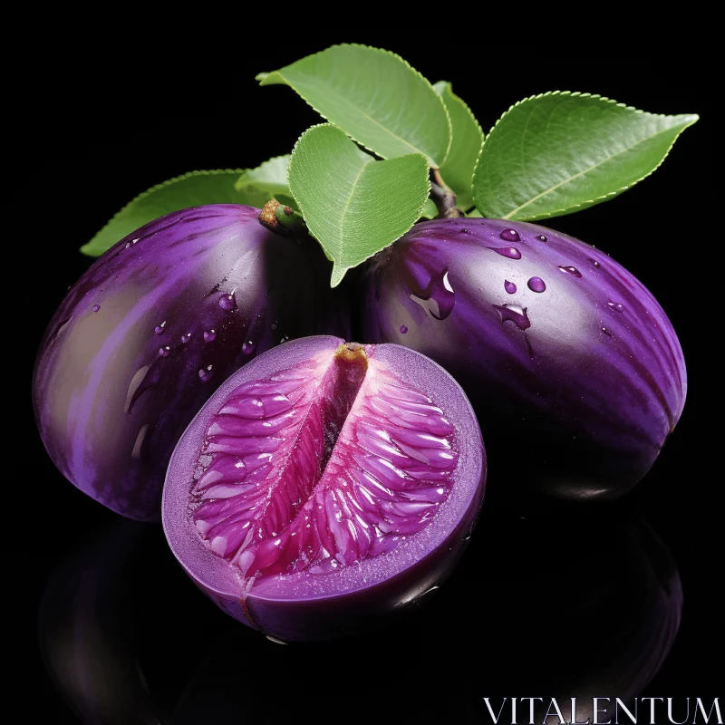 Captivating Purple Plums and Leaves on Black Background - Expressive Imagery AI Image