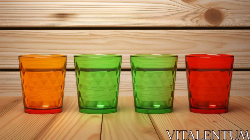 Colorful Glasses Arrangement on Wooden Table AI Image