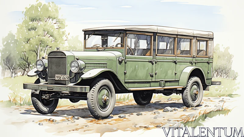 Detailed Drawing of an Old Truck in Dark Beige and Emerald AI Image