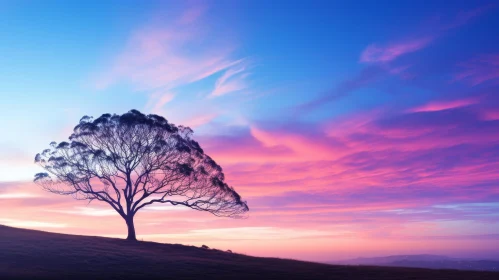 Solitary Tree at Sunset on Hill