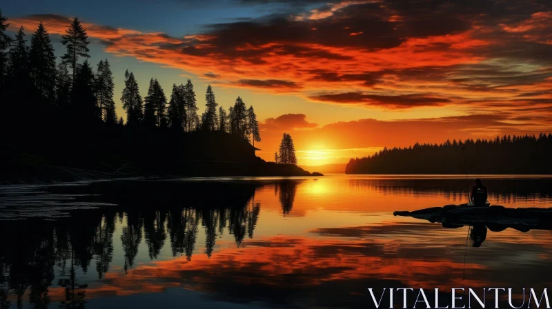 AI ART Tranquil Sunset Over Lake with Silhouetted Trees
