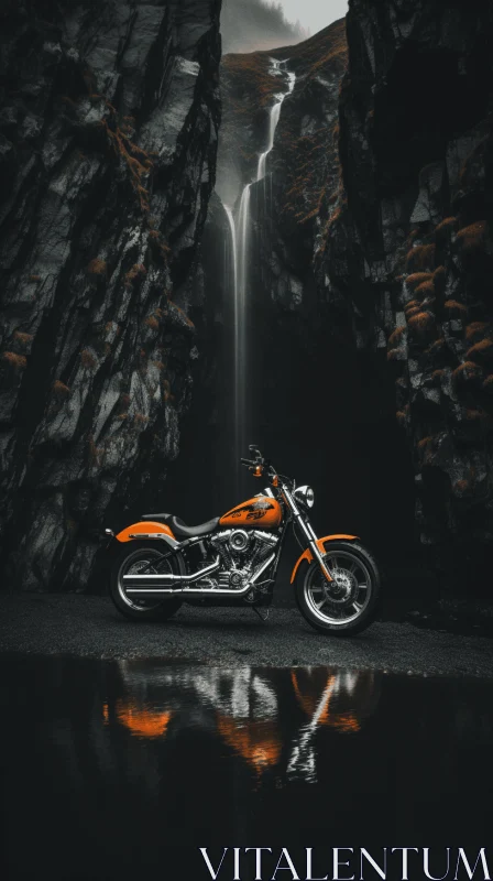 Motorcycle Near Waterfall: Dark and Gritty Photography AI Image