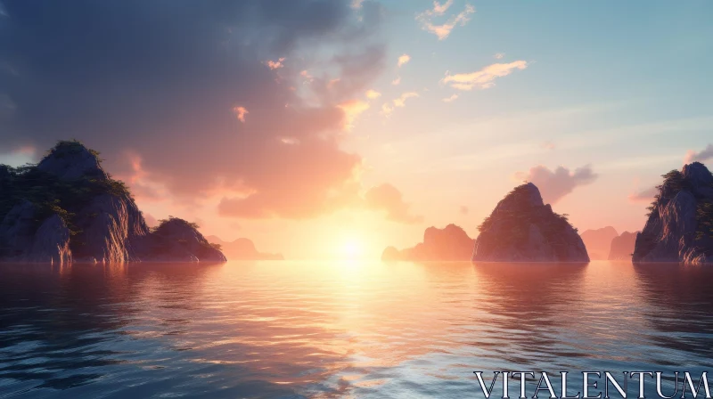 AI ART Tranquil Sunset Landscape of Rocky Islands in Ocean