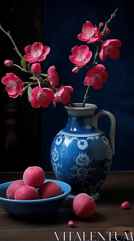 Cherry Blossoms in Vase: A Still Life Study in Traditional Techniques AI Image