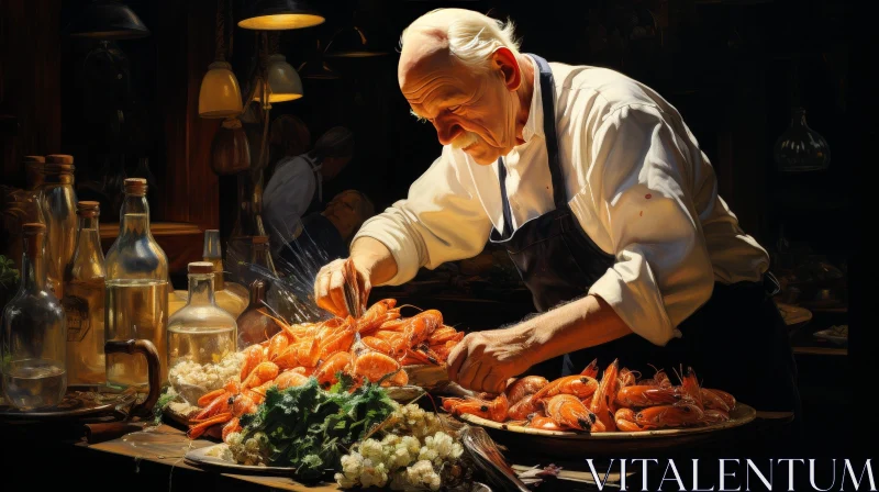 AI ART Elderly Man Peeling Shrimp in Kitchen - Realistic Cooking Scene