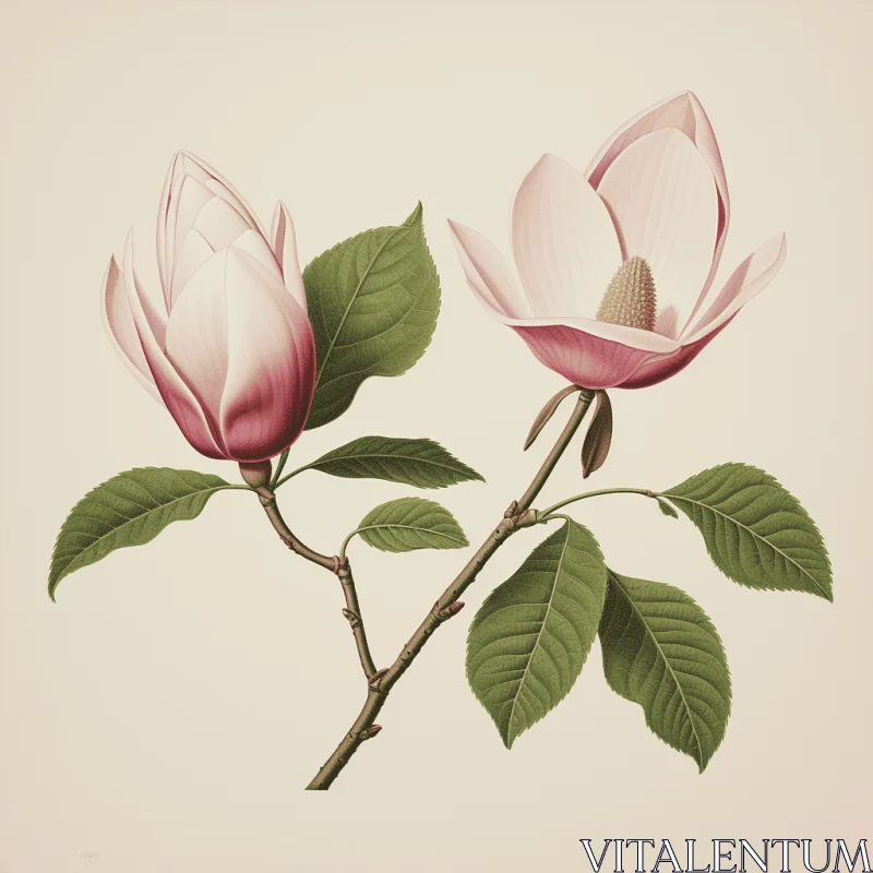 Vintage Magnolia Flower Illustration in Pink and Beige AI Image
