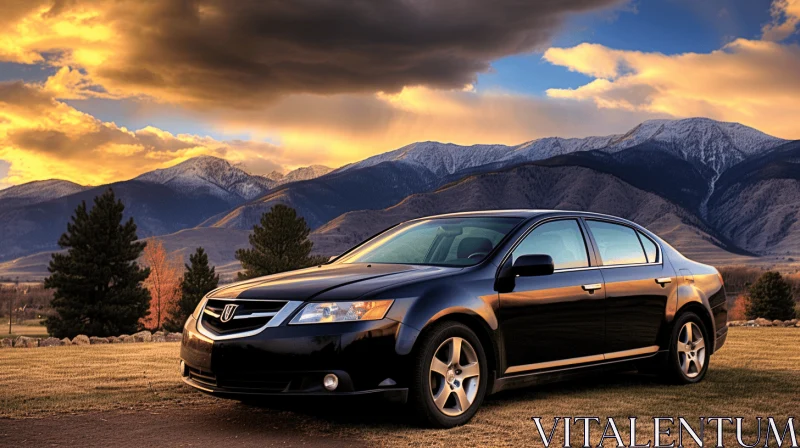 Black Acura Parked on Grassy Grassland Near Mountains - Dramatic Landscapes AI Image