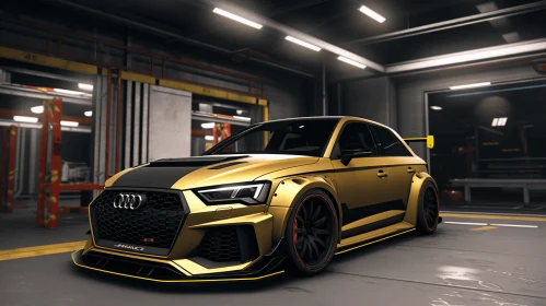 Captivating Gold Audi Car in Garage with Red Lights | Character Design
