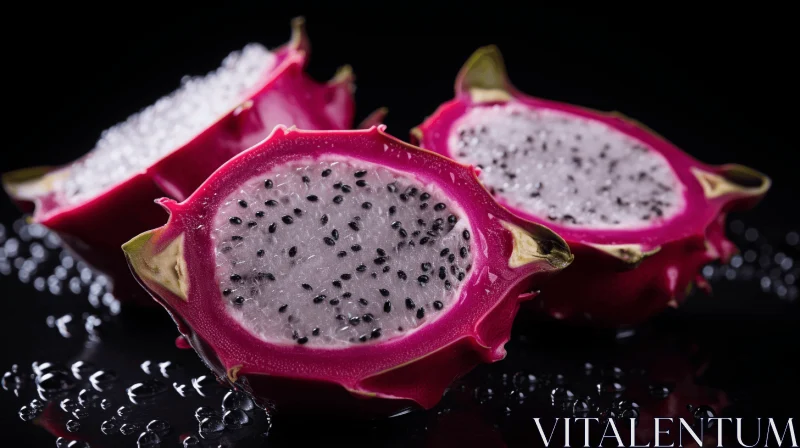 AI ART Dragon Fruit with Water Drops on Black Background - Sanriocore and Paleocore Style