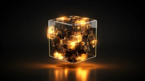 Golden Glowing 3D Cube Illustration on Dark Background