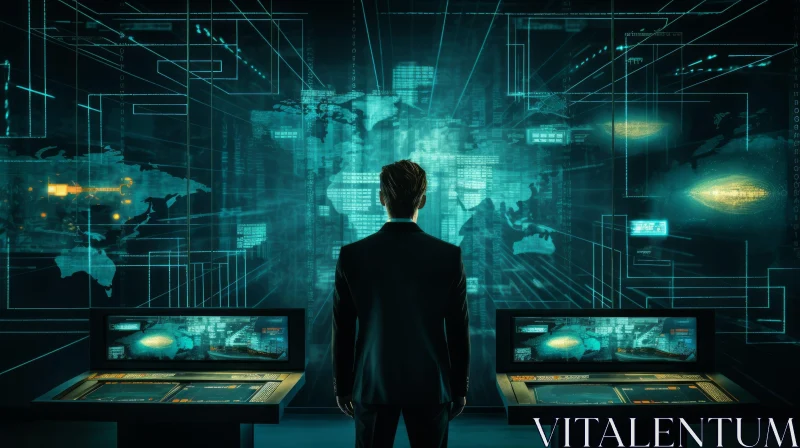 AI ART Serious Man in Black Suit with World Map Screen