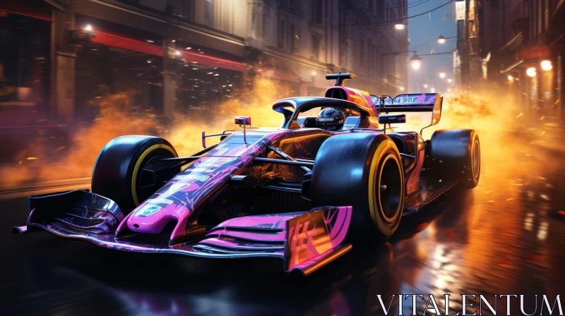 Speeding Formula 1 Race Car in City Street at Night AI Image