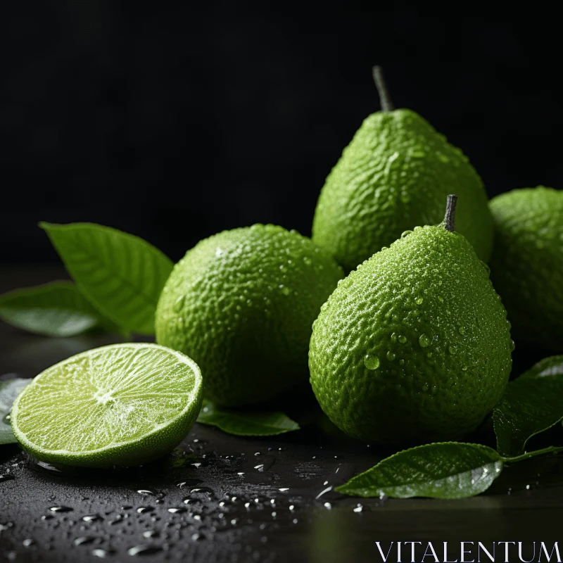 Dark and Moody Still Life: Limes with Rain Drops on Table AI Image