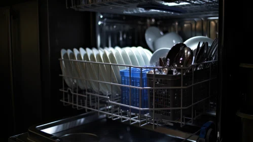 Efficient and Space-Saving Dishwasher Interior with Clean Dishes AI Image