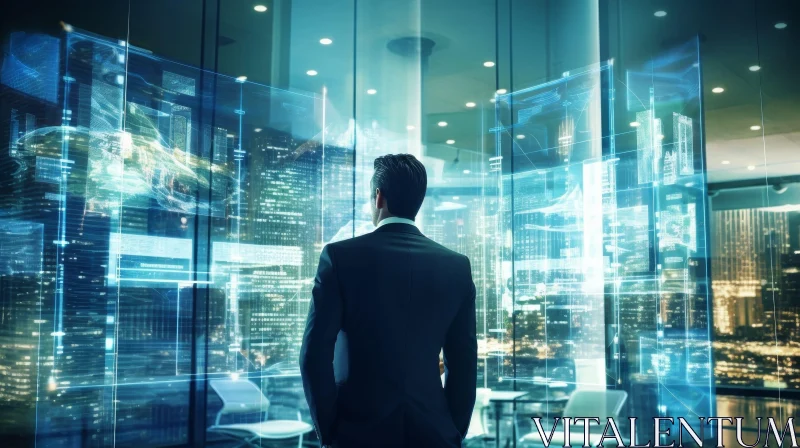Modern Office Scene: Man Contemplating Future in Futuristic City Setting AI Image