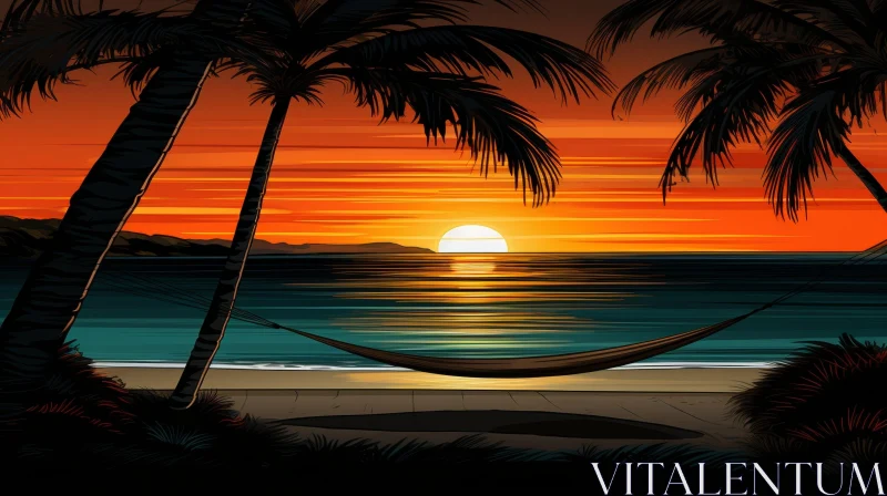 AI ART Tranquil Ocean Sunset Scene with Palm Trees and Hammock