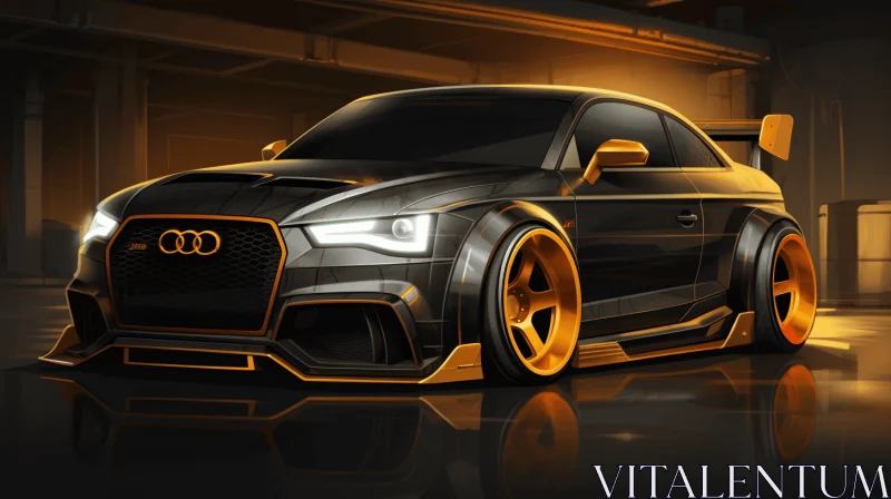 Black Audi Sports Car in Garage with Orange Trim | Dynamic Sketching Style AI Image