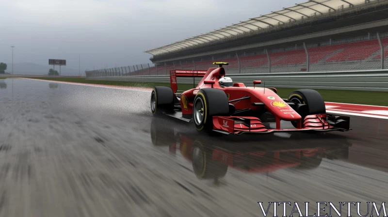 AI ART Red Formula 1 Race Car Speeding on Wet Track