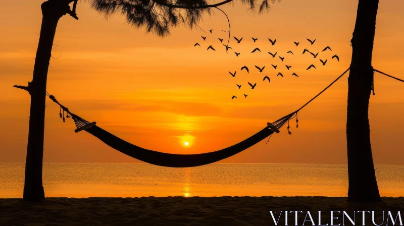 Tranquil Beach Sunset with Hammock AI Image