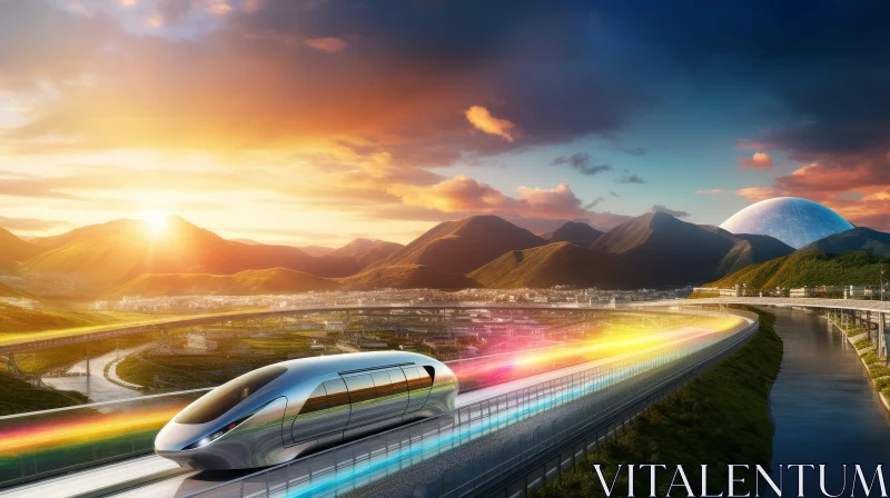 AI ART Speeding Futuristic Train in Mountainous Landscape