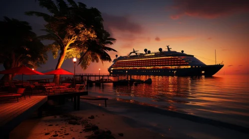 Tranquil Sunset Over Ocean with Cruise Ship and Palm Trees