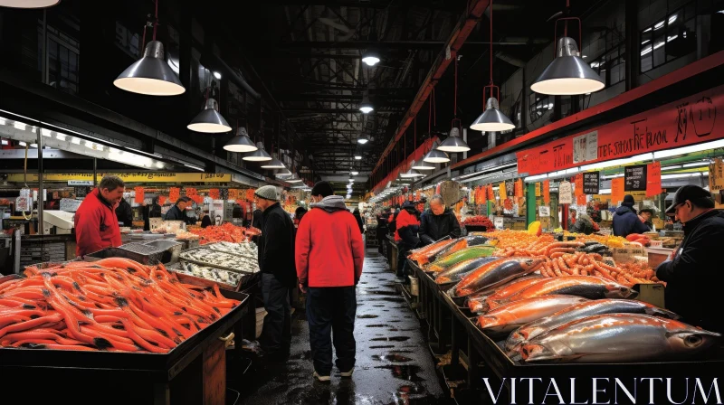 Vibrant Street Market Scene with Seafood Stalls AI Image