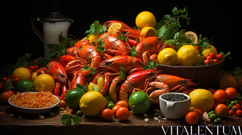 Exquisite Still Life of Cooked Lobsters and Fresh Produce AI Image