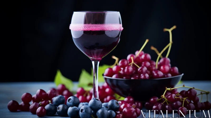 Red Wine Glass with Grapes and Blueberries on Wooden Table AI Image