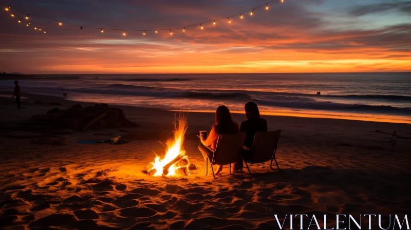 Serene Sunset Over Ocean with Bonfire and Relaxing Atmosphere AI Image