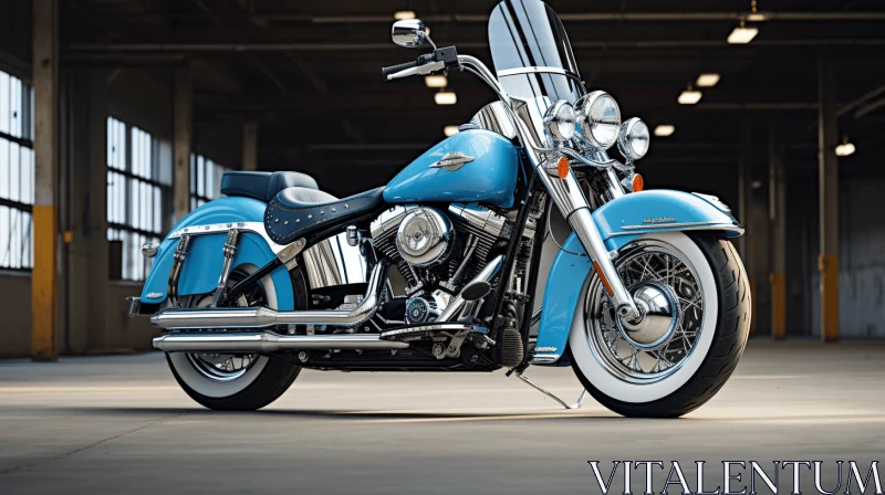 Blue Motorcycle in a Large Warehouse - Realistic Hyperrealism Art AI Image